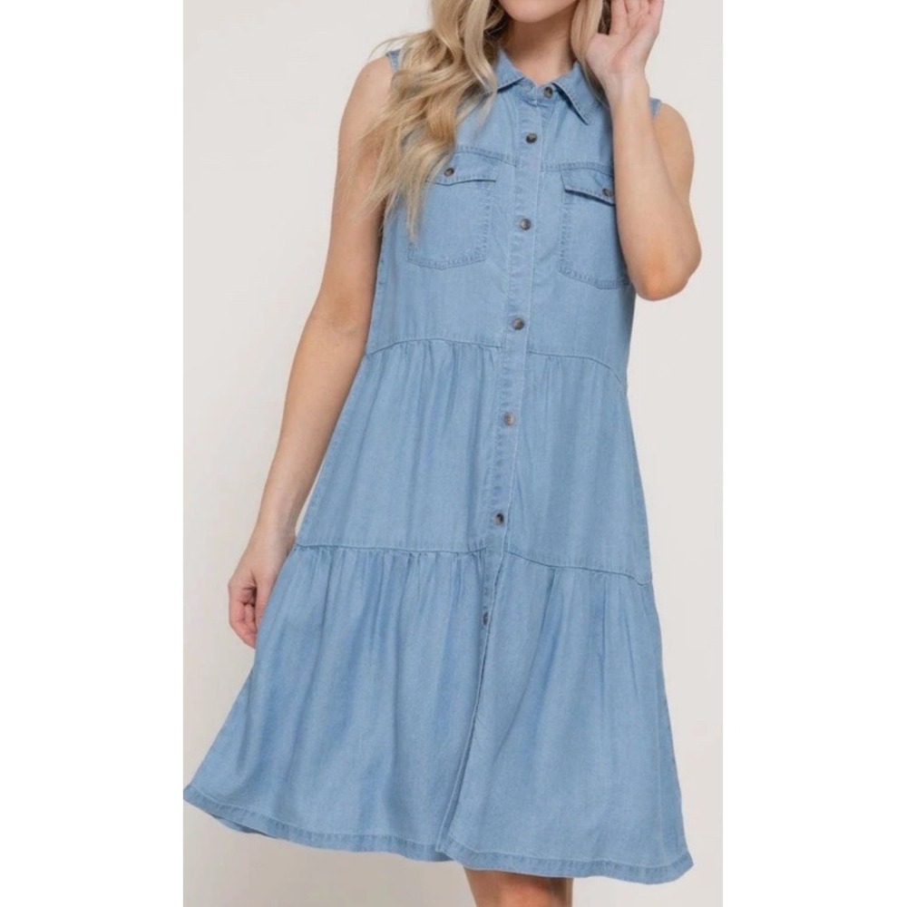 Threadgrit Womens Kayley Tiered Western Chambray Button Front Mini Dress Sz L